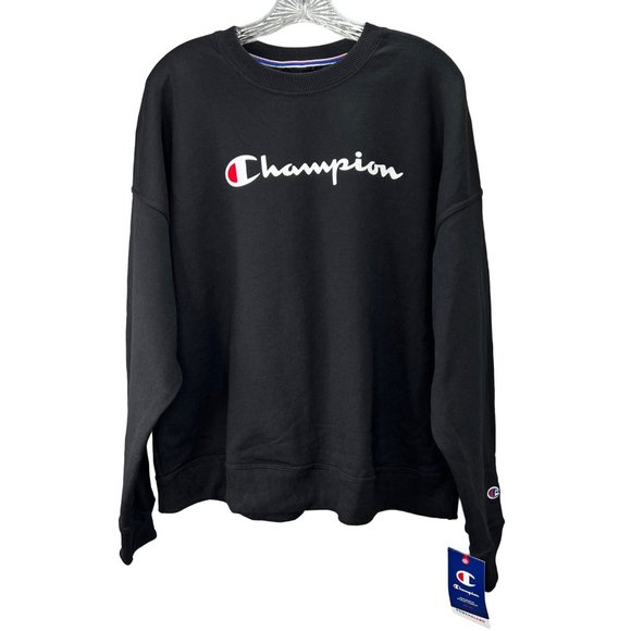 Champion PowerBlend Sweatshirt Fleece Pullover XL Women Black Spellout NWT - Picture 1 of 6